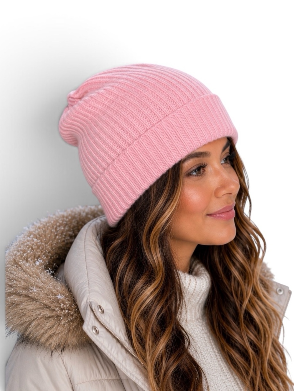 Nordstrom 100% Cashmere Ribbed Knit Slouchy Beanie Pink One Size NWOT